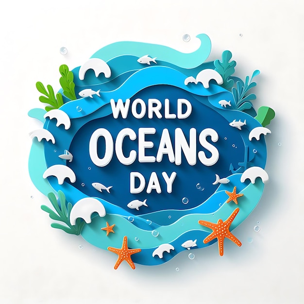 un cartel para el día mundial de los océanos está escrito en azul y verde