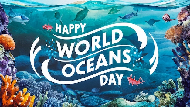 un cartel para el día mundial de los océanos con peces y criaturas marinas