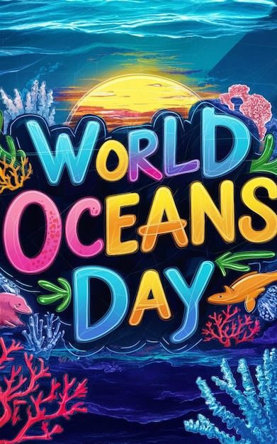 un cartel para el día mundial de los océanos con un pez y un arrecife de coral