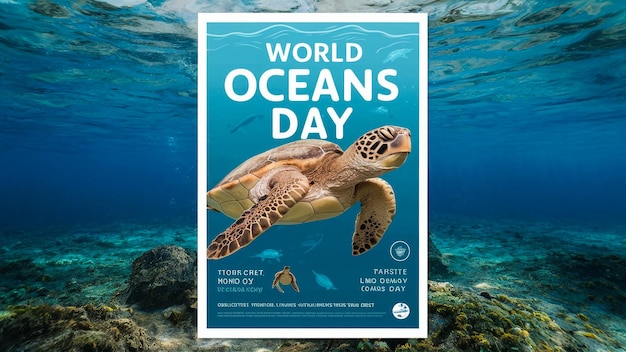 cartel para el día mundial de los océanos con una tortuga marina