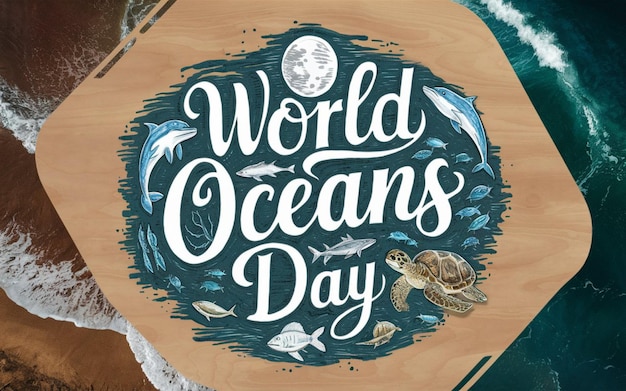 Foto un cartel para el día mundial de los océanos con una tortuga y tortugas