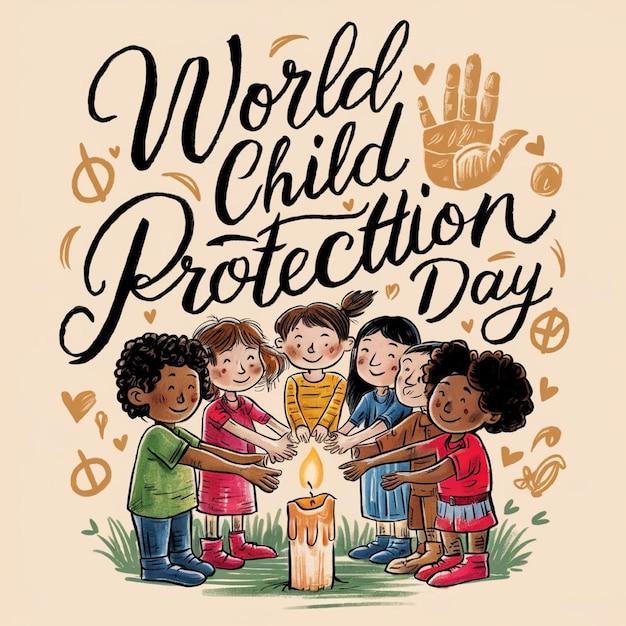 Foto un cartel para el día mundial de la protección con niños sosteniendo una vela encendida