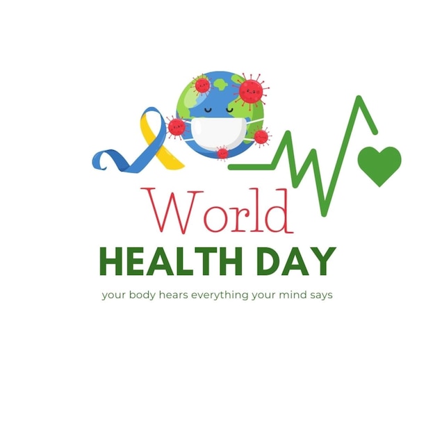 un cartel para el Día Mundial de la Salud con un corazón verde y las palabras mundo saludable