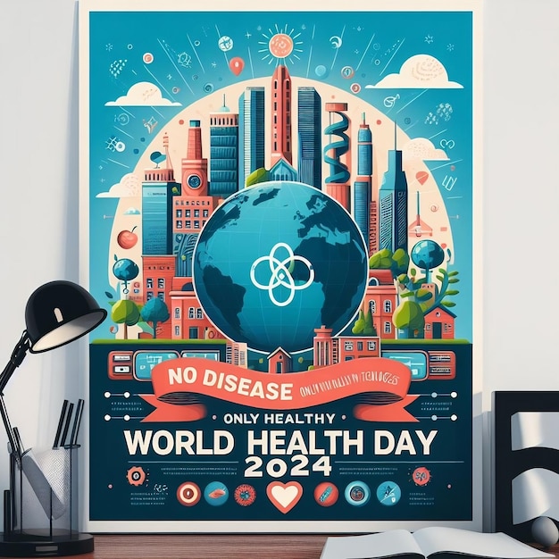 Foto un cartel para el día mundial de la salud se muestra en un escritorio y una imagen generada por kingmaker