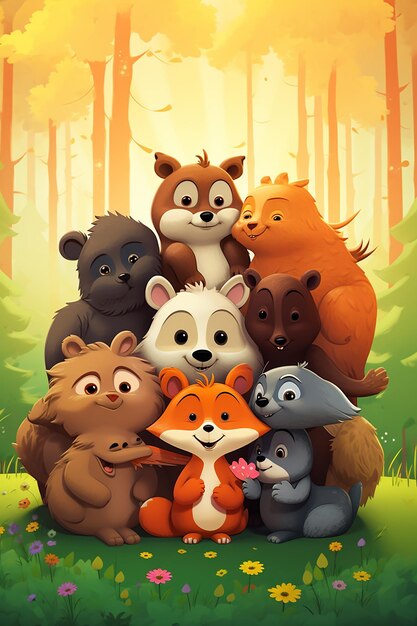 Foto un cartel del día nacional del abrazo con una serie de animales de dibujos animados en un abrazo grupal