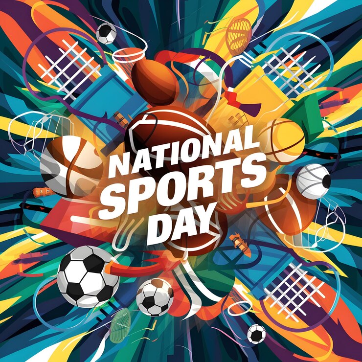 un cartel para el día nacional del deporte con un fondo colorido con un diseño colorido