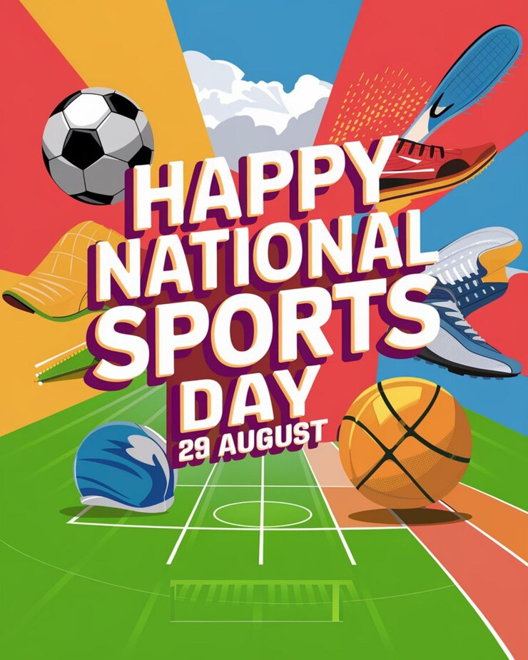 un cartel para un día nacional del deporte con una pancarta que dice feliz día nacional