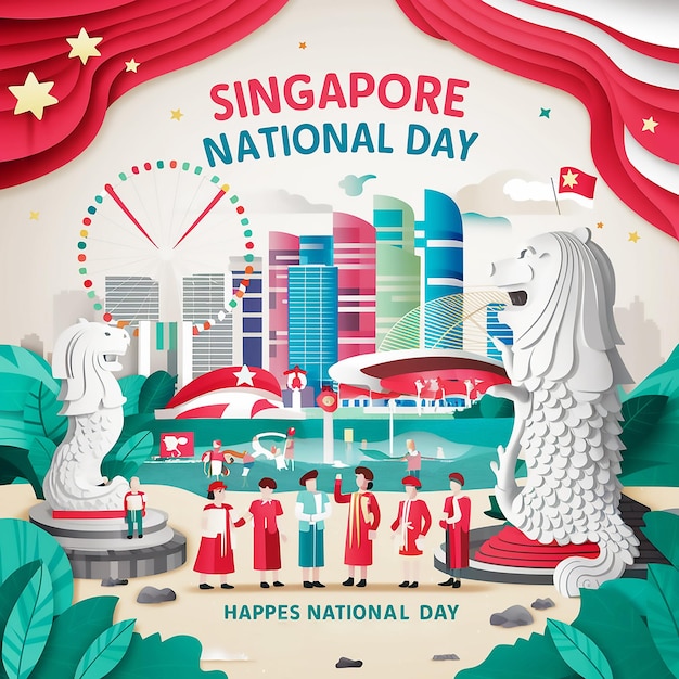 un cartel para el Día Nacional de Singapur con una cortina roja y una Estatua de la Libertad en la parte superior