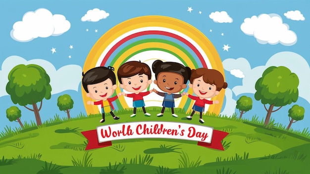 cartel del día del niño con un arco iris y las palabras día del niño