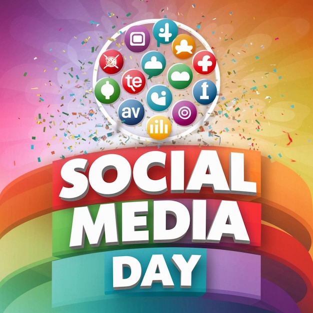 un cartel para el día de las redes sociales con un fondo de color arco iris