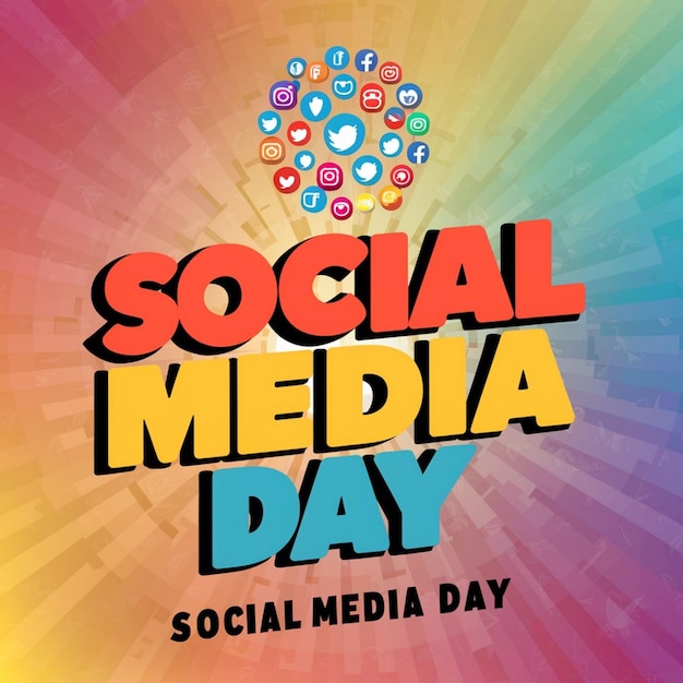 un cartel para el día de las redes sociales con un fondo colorido con una imagen colorida de una página web