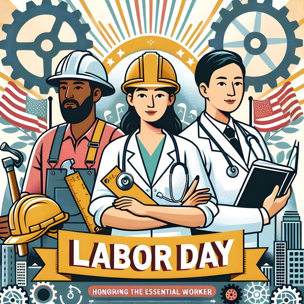 Foto un cartel para el día de trabajo con trabajadores y una gran maquinaria industrial