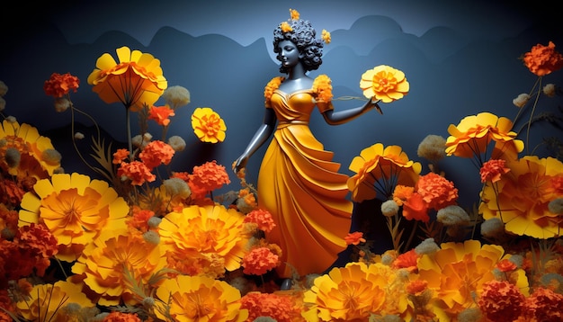 un cartel digital 3D con una flor de mármol vibrante solitaria