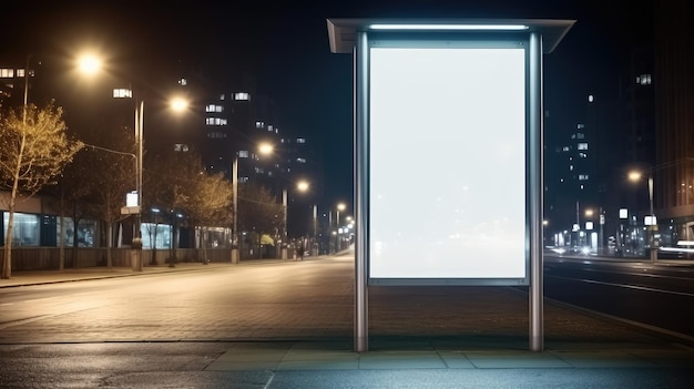 Un cartel digital vertical blanco en blanco adorna una señal de parada de autobús en la calle de la ciudad