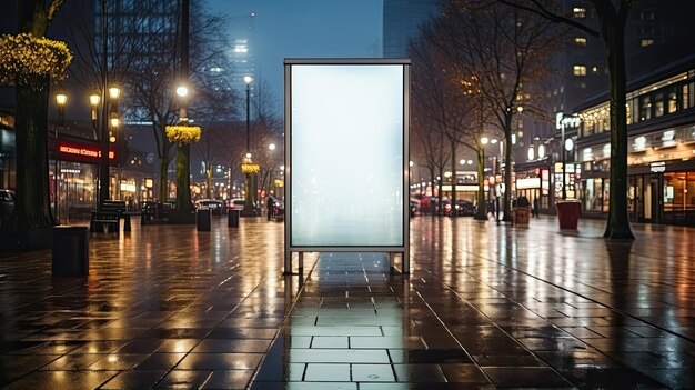 Un cartel digital vertical blanco en blanco en la parada de autobús de la calle de la ciudad por la noche, un fondo urbano borroso con una maqueta de rascacielos para publicidad, marketing, IA generativa.