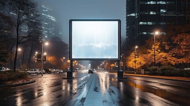 Un cartel digital vertical blanco en blanco en la parada de autobús de la calle de la ciudad por la noche, un fondo urbano borroso con una maqueta de rascacielos para publicidad, marketing, IA generativa.
