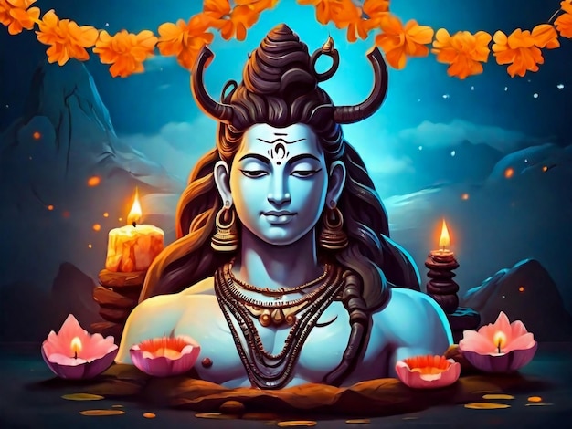 un cartel para un dios con un fondo azul y una vela ardiente en el medio
