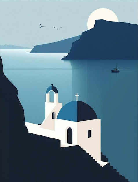 Cartel de diseño plano minimalista paisaje de santorini