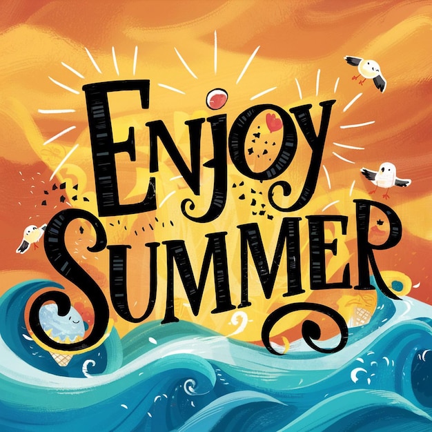 un cartel para disfrutar del verano con gaviotas y pájaros