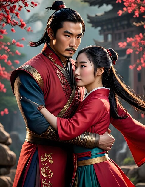 Foto el cartel de disney los amantes encantados mulan y shangchi creados con ia generativa