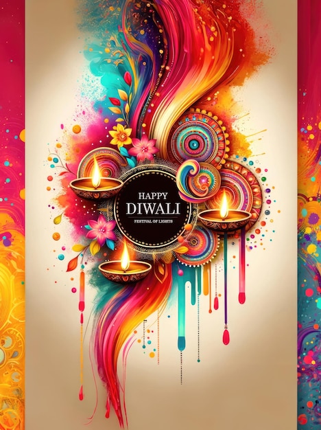 El cartel de Diwali es una representación abstracta que captura salpicaduras de colores vibrantes en armonía con el caloroso resplandor de las dias de Diwali