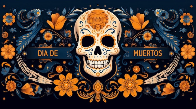 Cartel do dia dos mortos com um crânio e flores