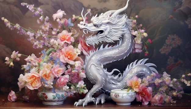 Un cartel de un dragón chino hecho de filigrana de plata