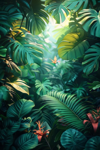 Cartel de ecoturismo con un gradiente de verde profundo a azul e ilustraciones detalladas de hojas de la selva tropical