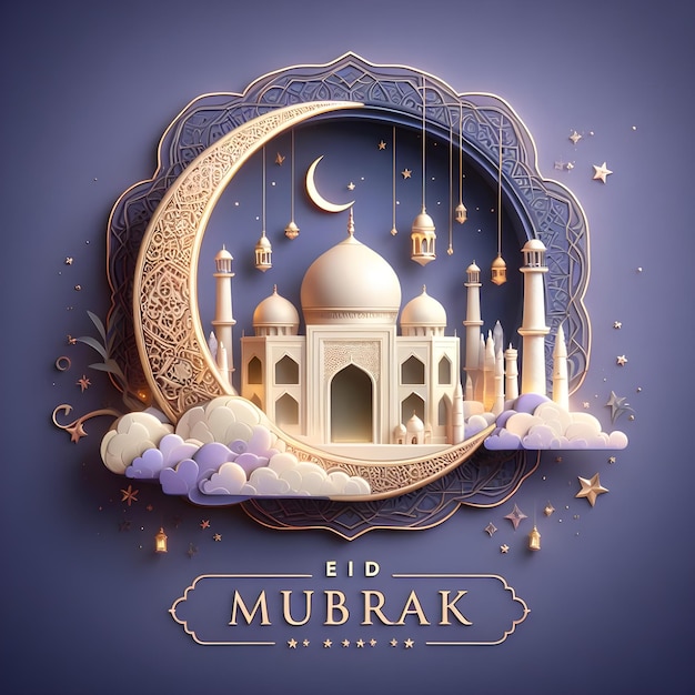 El cartel de Eid al fitr del festival islámico Eid Mubarak es un arte en 3D.