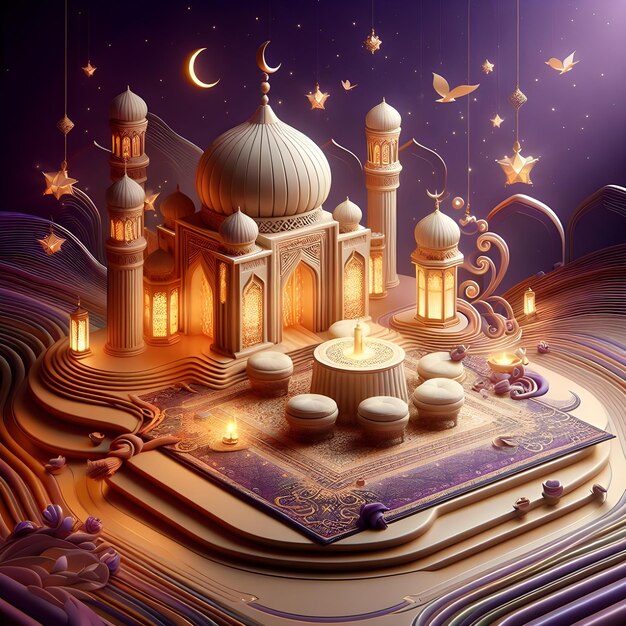 El cartel de Eid al fitr del festival islámico Eid Mubarak es un arte en 3D.