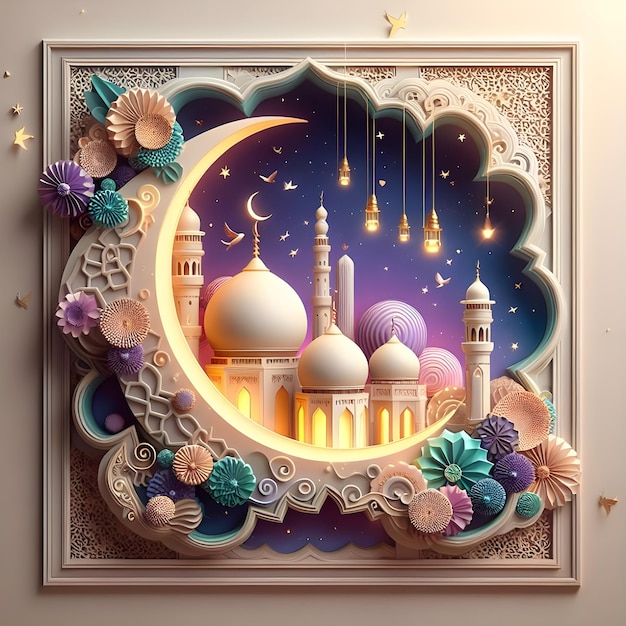 El cartel de Eid al fitr del festival islámico Eid Mubarak es un arte en 3D.