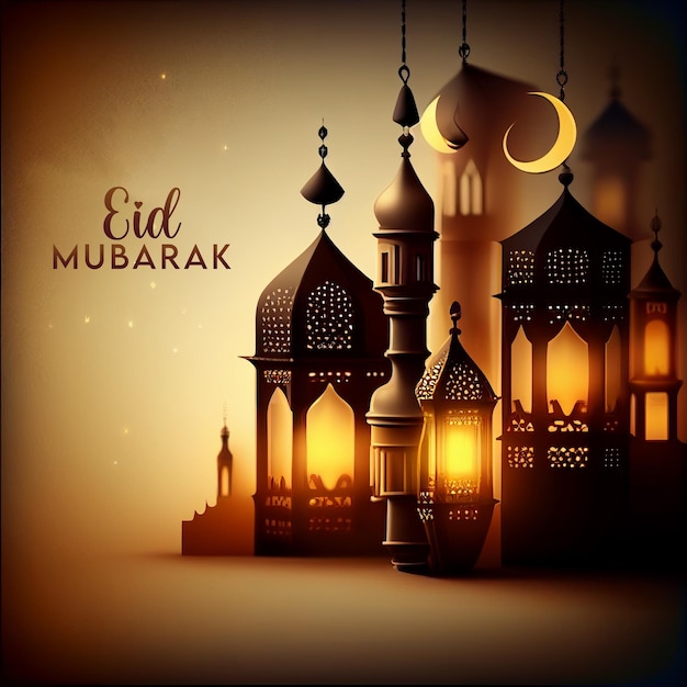 Un cartel para eid mubarak con luna y luces.