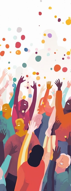 un cartel para el espectáculo muestra a un grupo de personas con los brazos levantados frente a un fondo colorido.