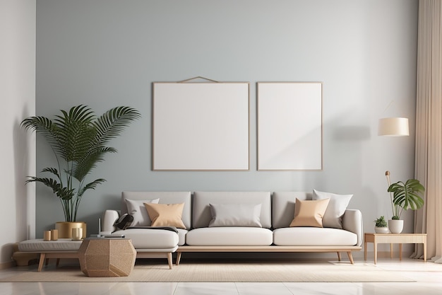 Un cartel de estilo interior minimalista se burla de la representación 3d del espacio de copia de la pared de la sala de estar