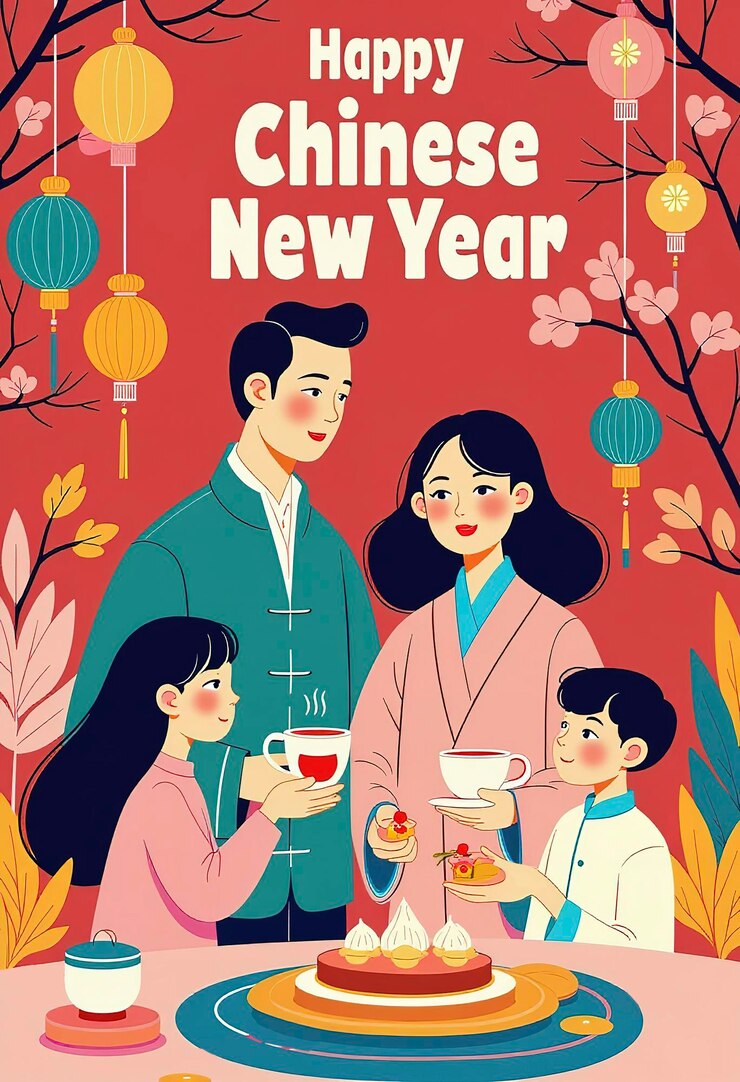 Un cartel con una familia celebrando el Año Nuevo Chino