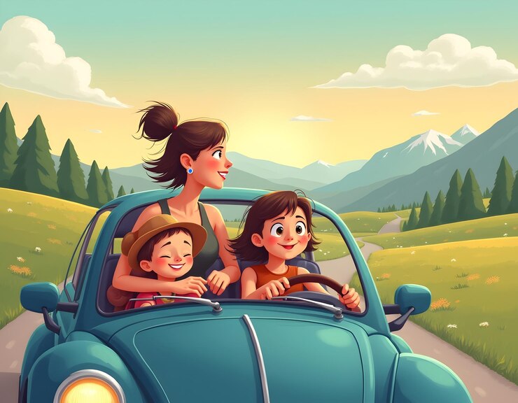 un cartel para una familia con tres niños en un coche con montañas en el fondo