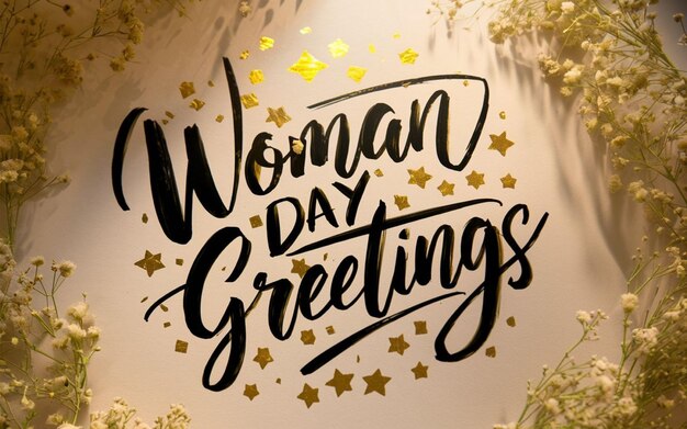 cartel de felicitaciones para el día de la mujer con estrellas doradas y texto que dice felicitaciones por el día de las mujeres