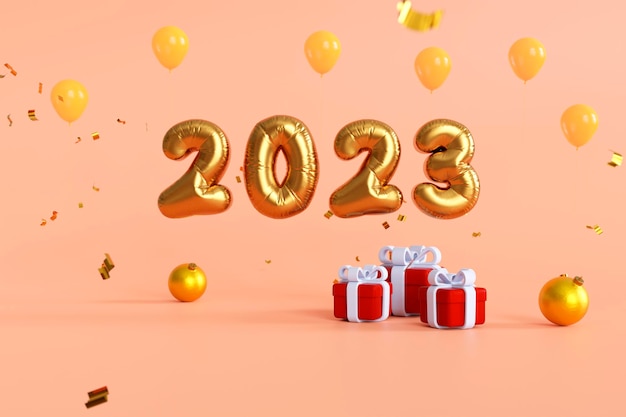 Cartel de feliz año nuevo 2023 sobre fondo beige 2023 texto con caja de regalo globos confeti 3d render