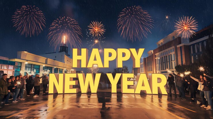un cartel de feliz año nuevo con fuegos artificiales en el fondo Feliz año nuevo en el fondo