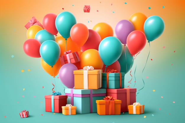 cartel de feliz cumpleaños con globos y fondo de caja de regalo ai generativo