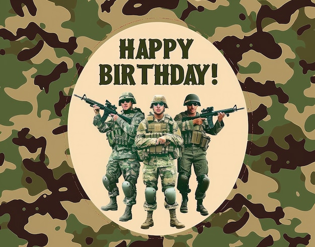 un cartel de feliz cumpleaños con soldados en él