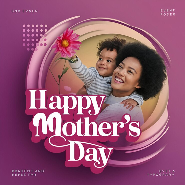 un cartel para el feliz día de las madres con un niño sosteniendo una flor