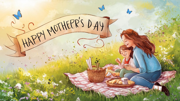 un cartel para el feliz día de las madres con una pancarta que dice feliz día de la madre