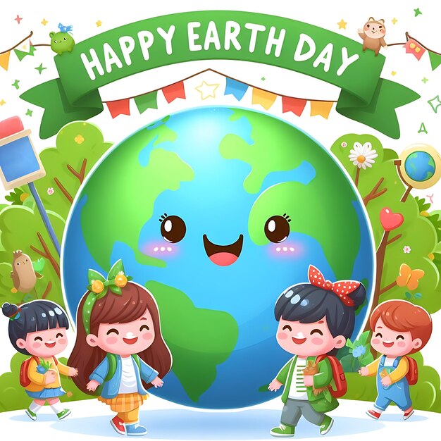 Un cartel para el feliz día de la Tierra con niños y un letrero que dice feliz día de La Tierra