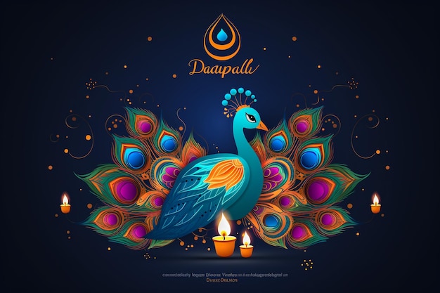 Cartel feliz de Diwali con lámpara Diya y pavo real