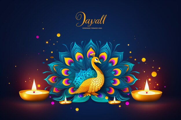 Cartel feliz de Diwali con lámpara Diya y pavo real