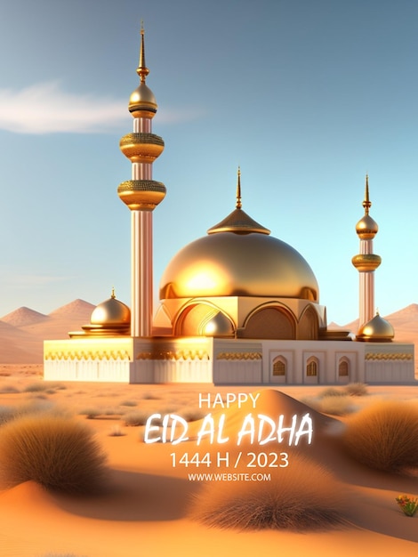 Cartel feliz de eid al adha con un fondo de luna y mezquita