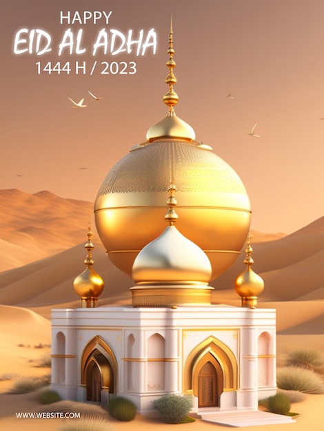 Foto cartel feliz de eid al adha con un fondo de luna y mezquita