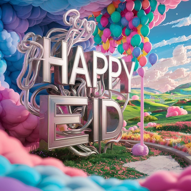 Foto un cartel para un feliz eid mubarak con globos en el fondo