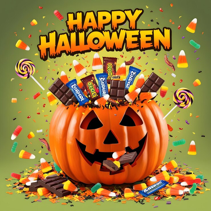 un cartel para el feliz Halloween con una calabaza y una barra de caramelos en él